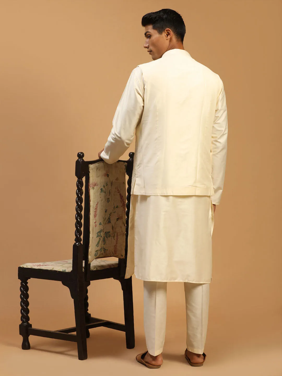 Jashvi Men's Cream Mirror Jacket With Kurta Pant Set