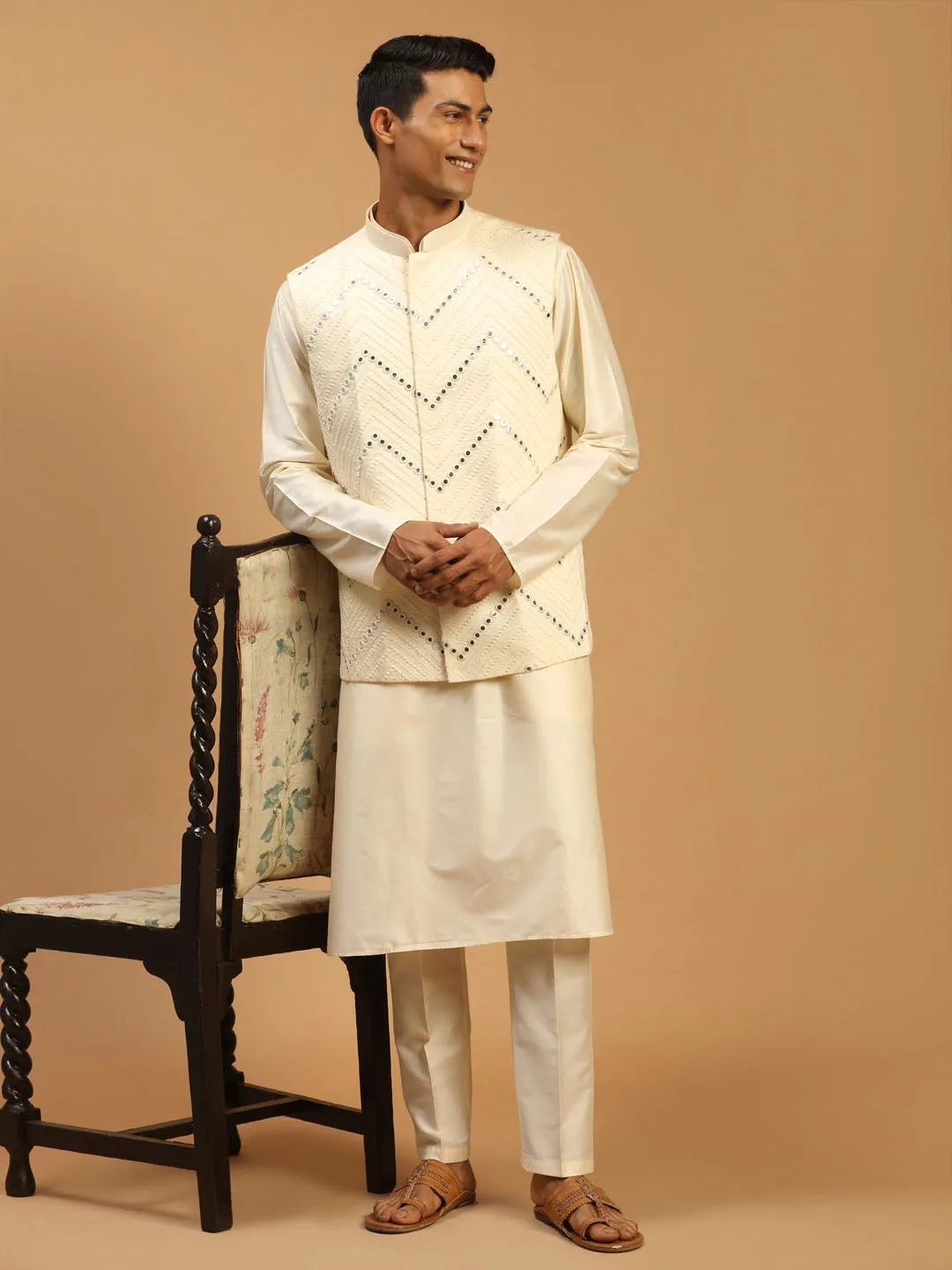 Jashvi Men's Cream Mirror Jacket With Kurta Pant Set