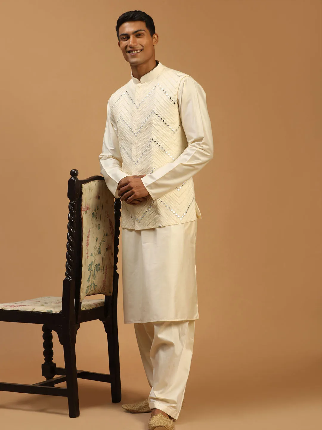 Jashvi Men's Cream Mirror Jacket With Kurta Patiala Set