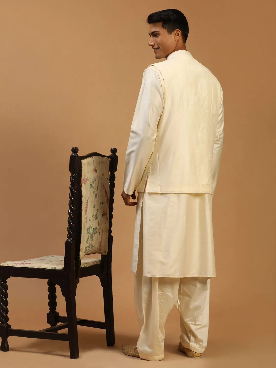 Jashvi Men's Cream Mirror Jacket With Kurta Patiala Set