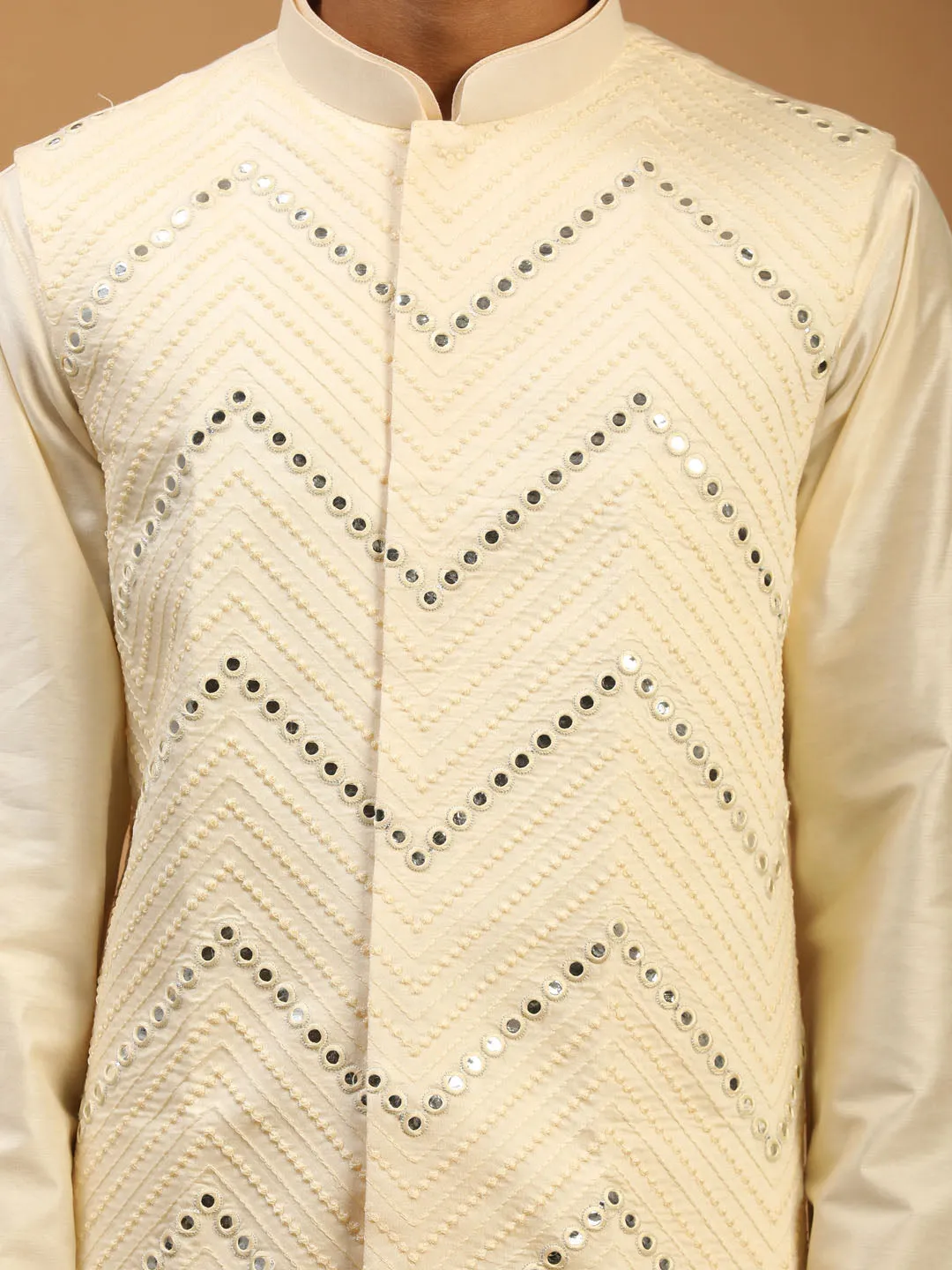 Jashvi Men's Cream Mirror Jacket With Kurta Patiala Set