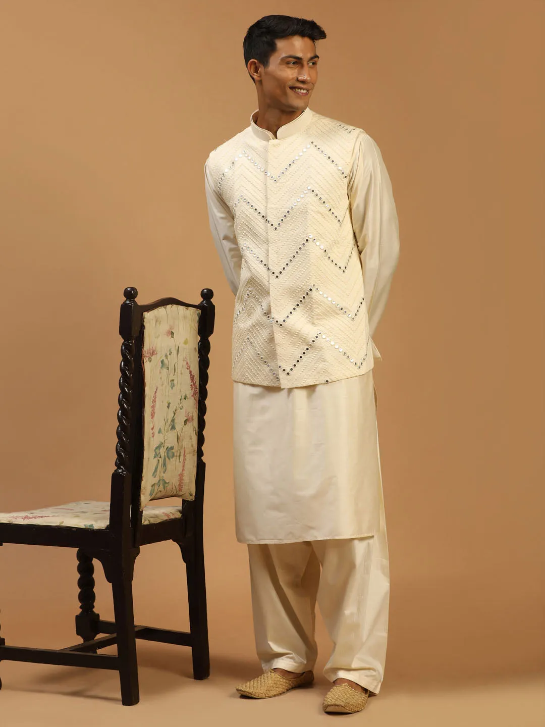 Jashvi Men's Cream Mirror Jacket With Kurta Patiala Set