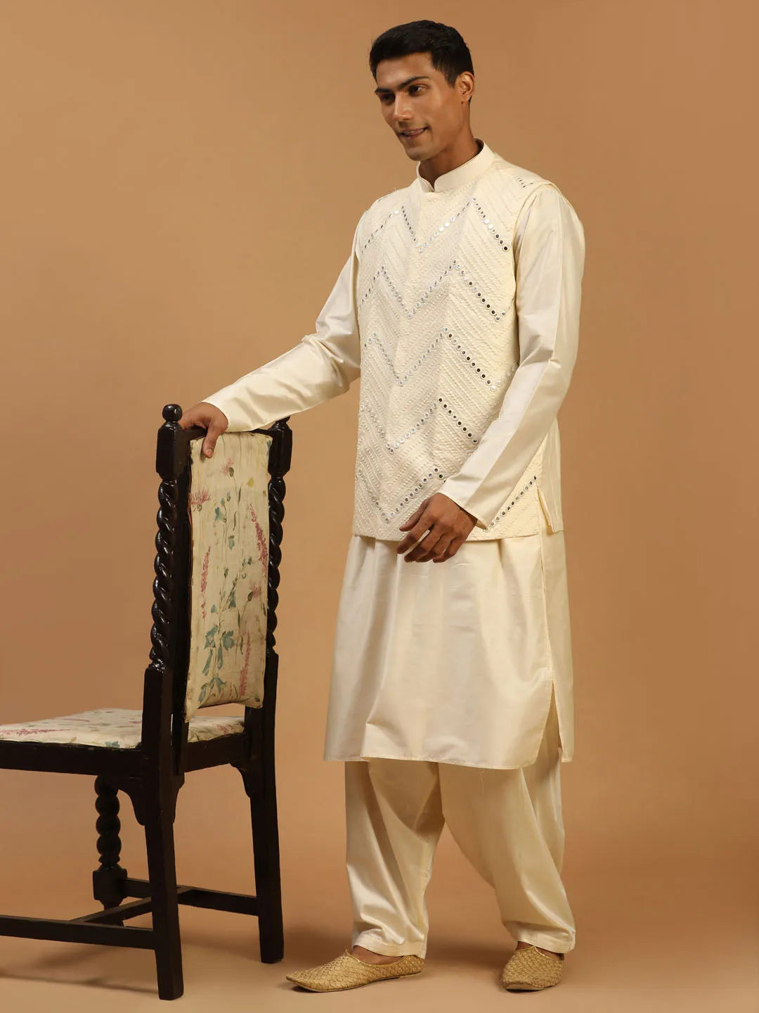 Jashvi Men's Cream Mirror Jacket With Kurta Patiala Set