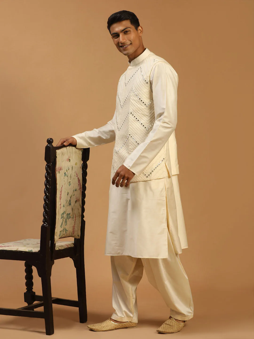 Jashvi Men's Cream Mirror Jacket With Kurta Patiala Set