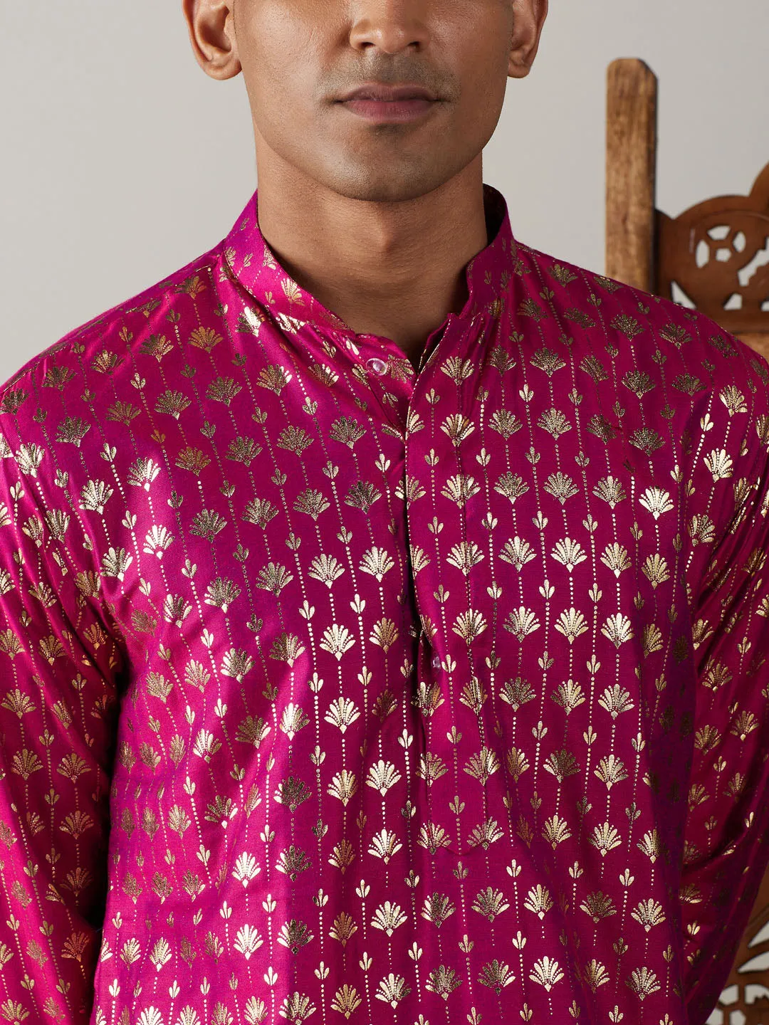 Jashvi Men's Dark Pink Foil Printed Kurta With Black Patiala Set