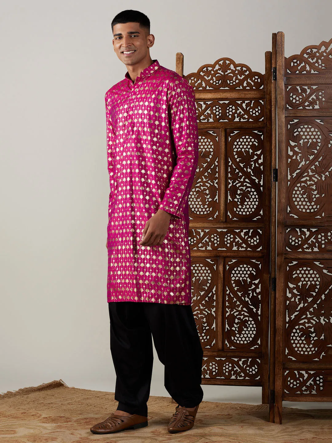 Jashvi Men's Dark Pink Foil Printed Kurta With Black Patiala Set