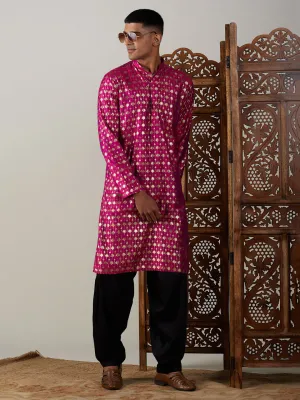 Jashvi Men's Dark Pink Foil Printed Kurta With Black Patiala Set