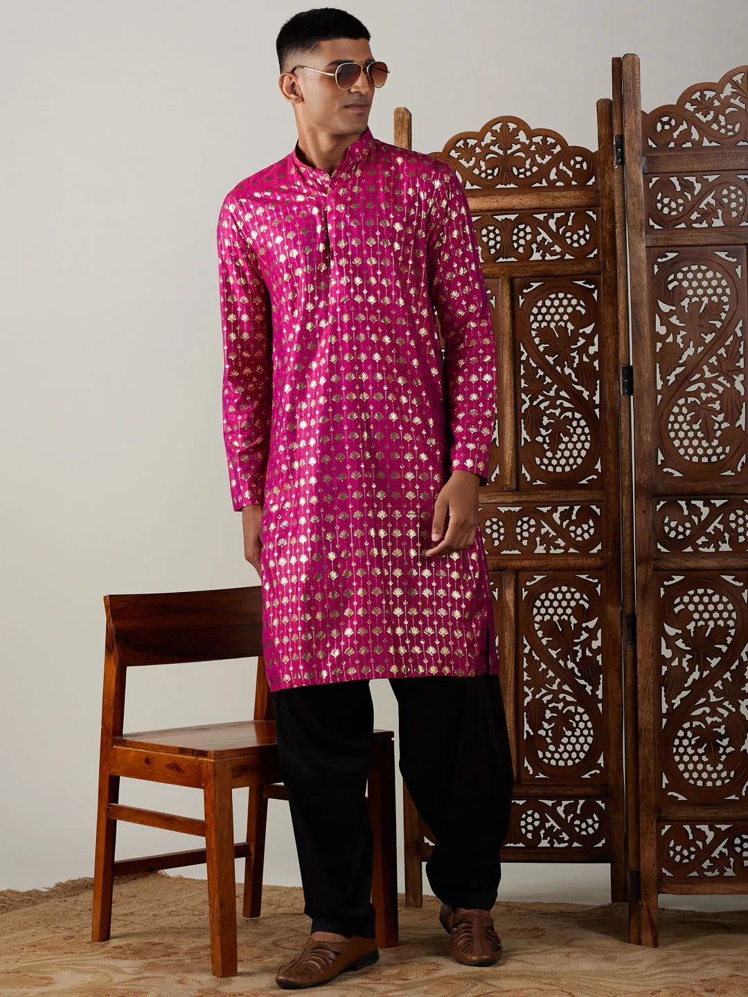 Jashvi Men's Dark Pink Foil Printed Kurta With Black Patiala Set