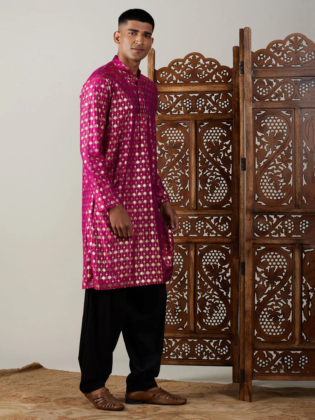 Jashvi Men's Dark Pink Foil Printed Kurta With Black Patiala Set