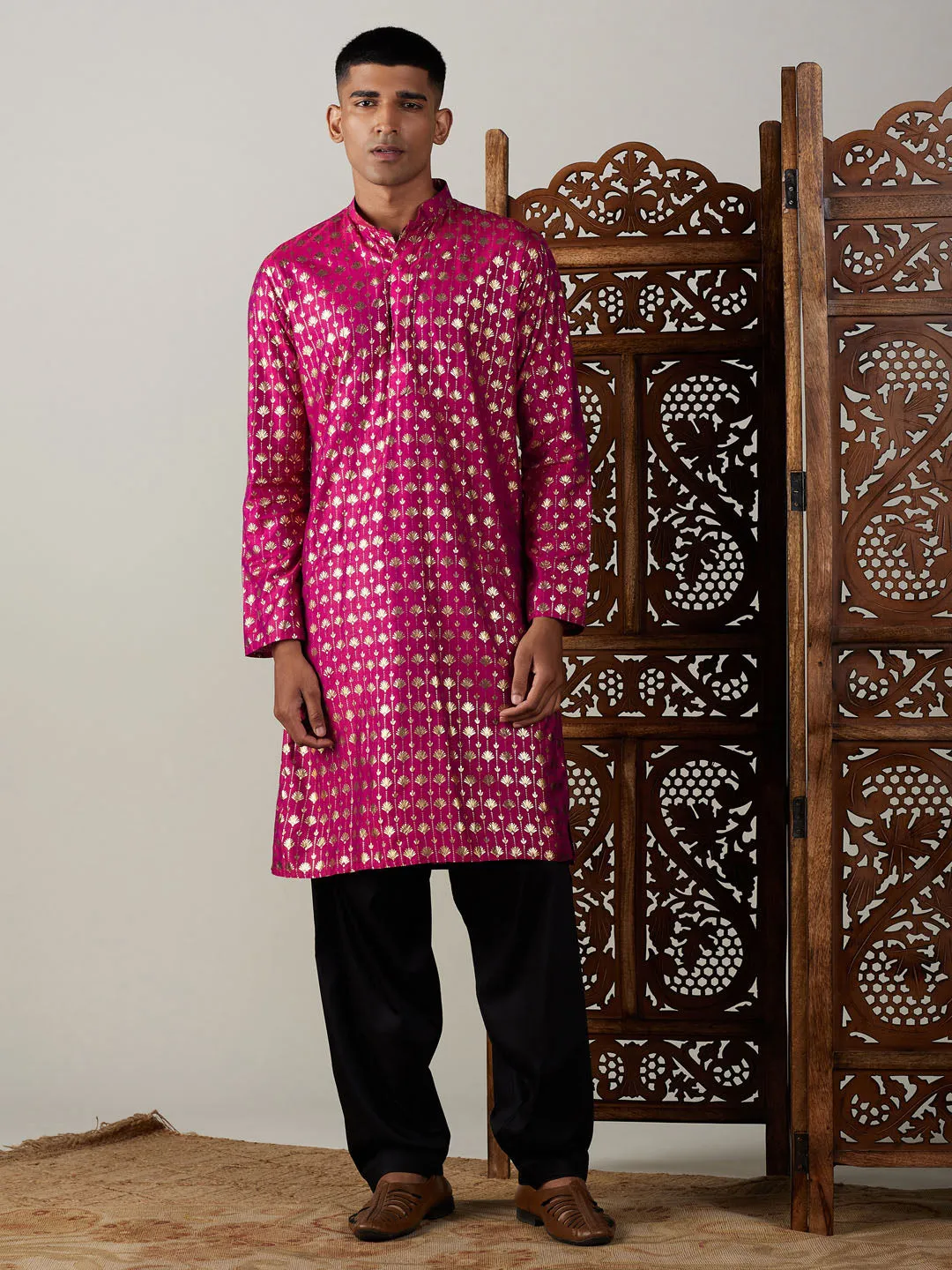 Jashvi Men's Dark Pink Foil Printed Kurta With Black Patiala Set