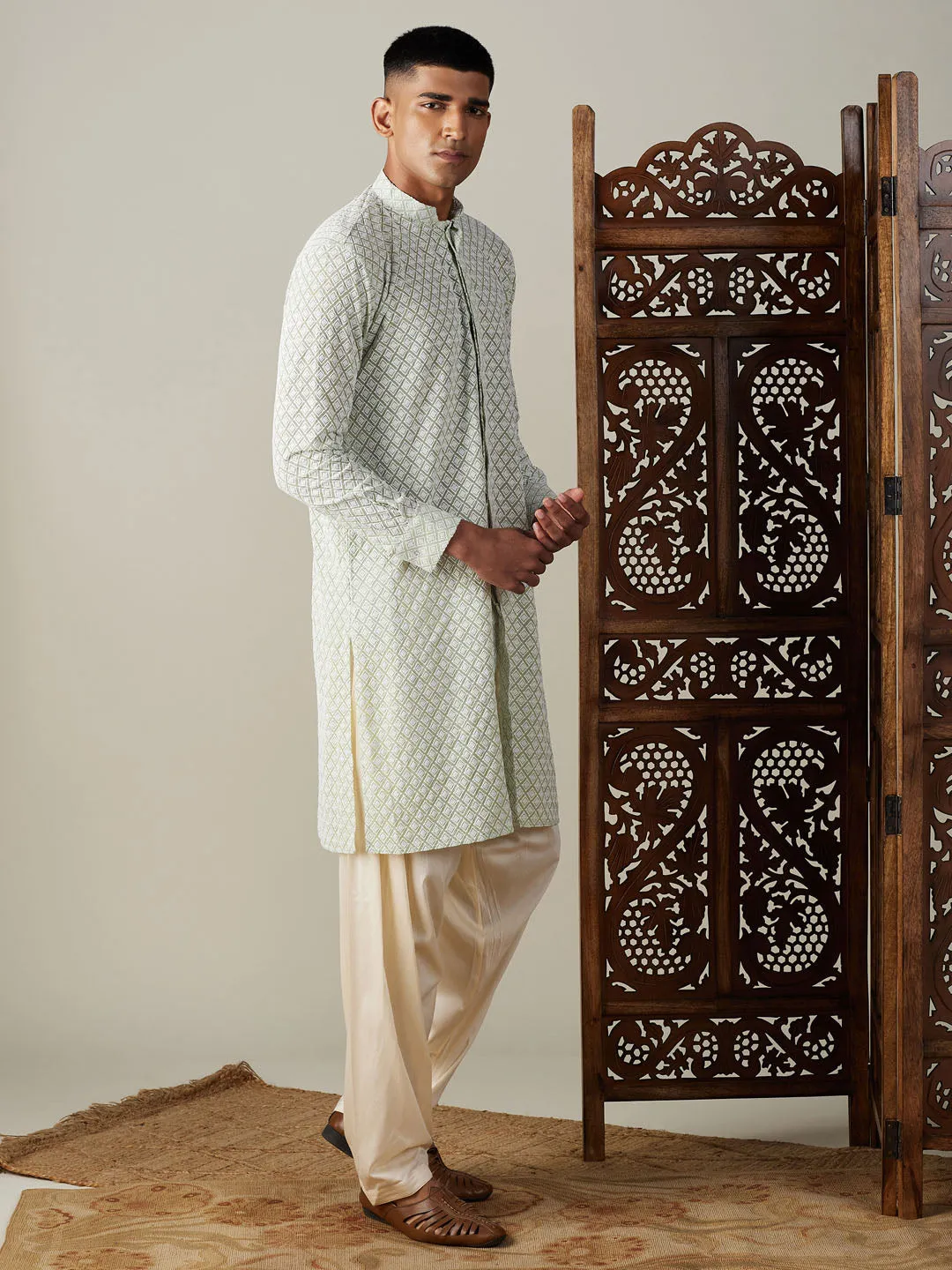 Jashvi Men's Green Chikankari Front Open Kurta With Patiala Set