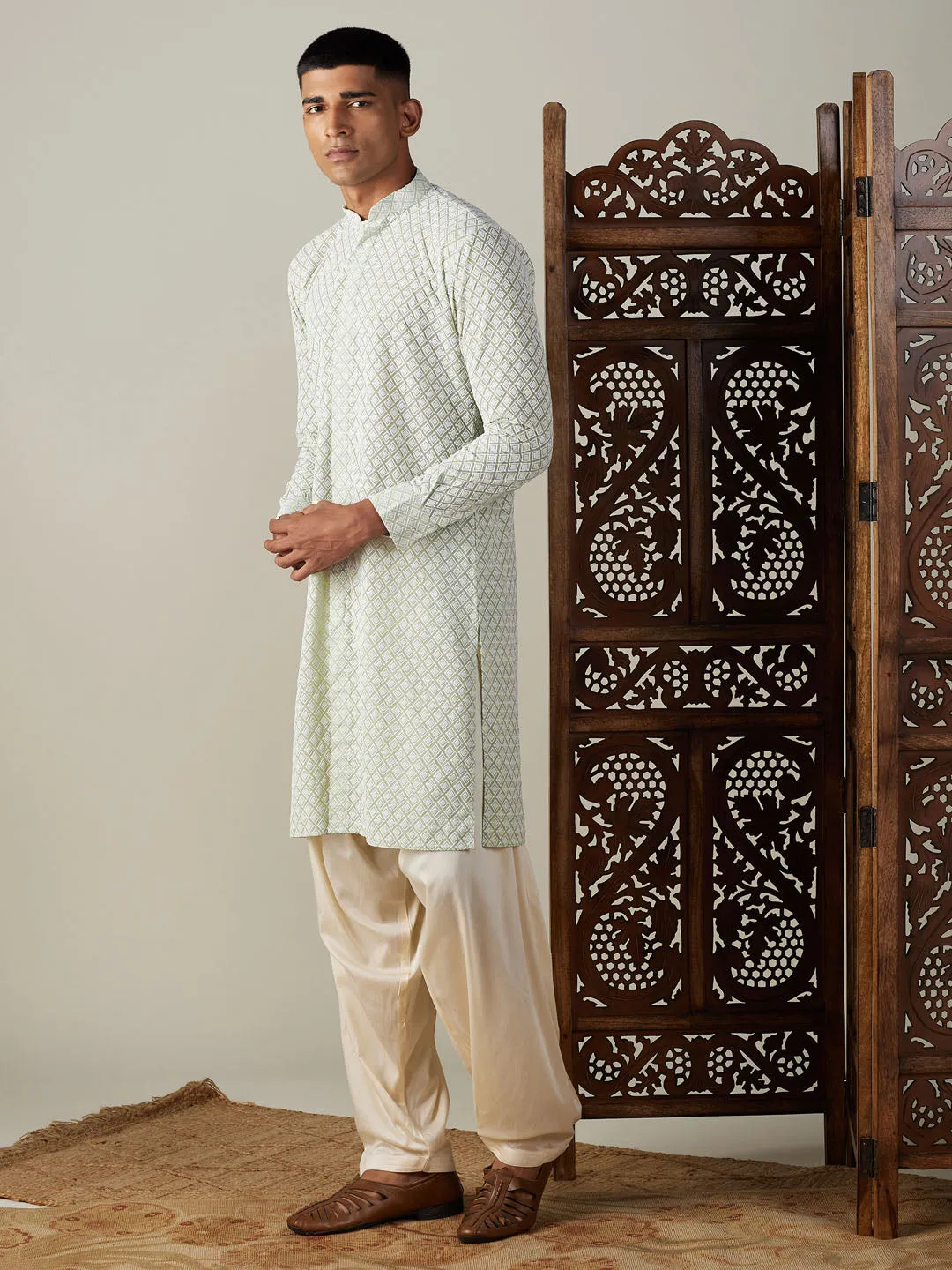 Jashvi Men's Green Chikankari Front Open Kurta With Patiala Set