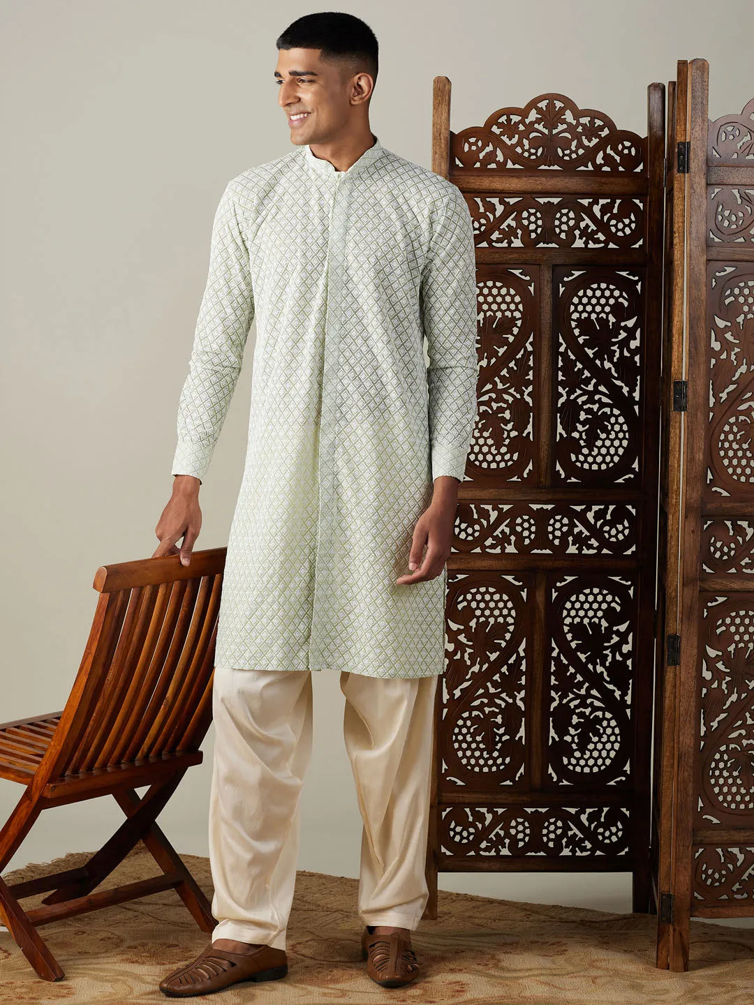 Jashvi Men's Green Chikankari Front Open Kurta With Patiala Set