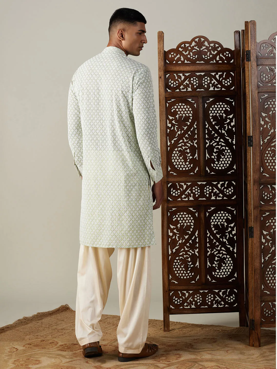 Jashvi Men's Green Chikankari Front Open Kurta With Patiala Set
