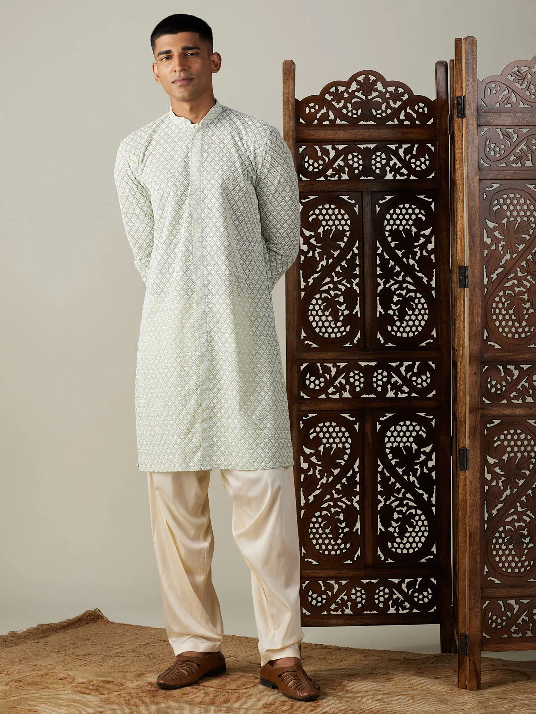 Jashvi Men's Green Chikankari Front Open Kurta With Patiala Set