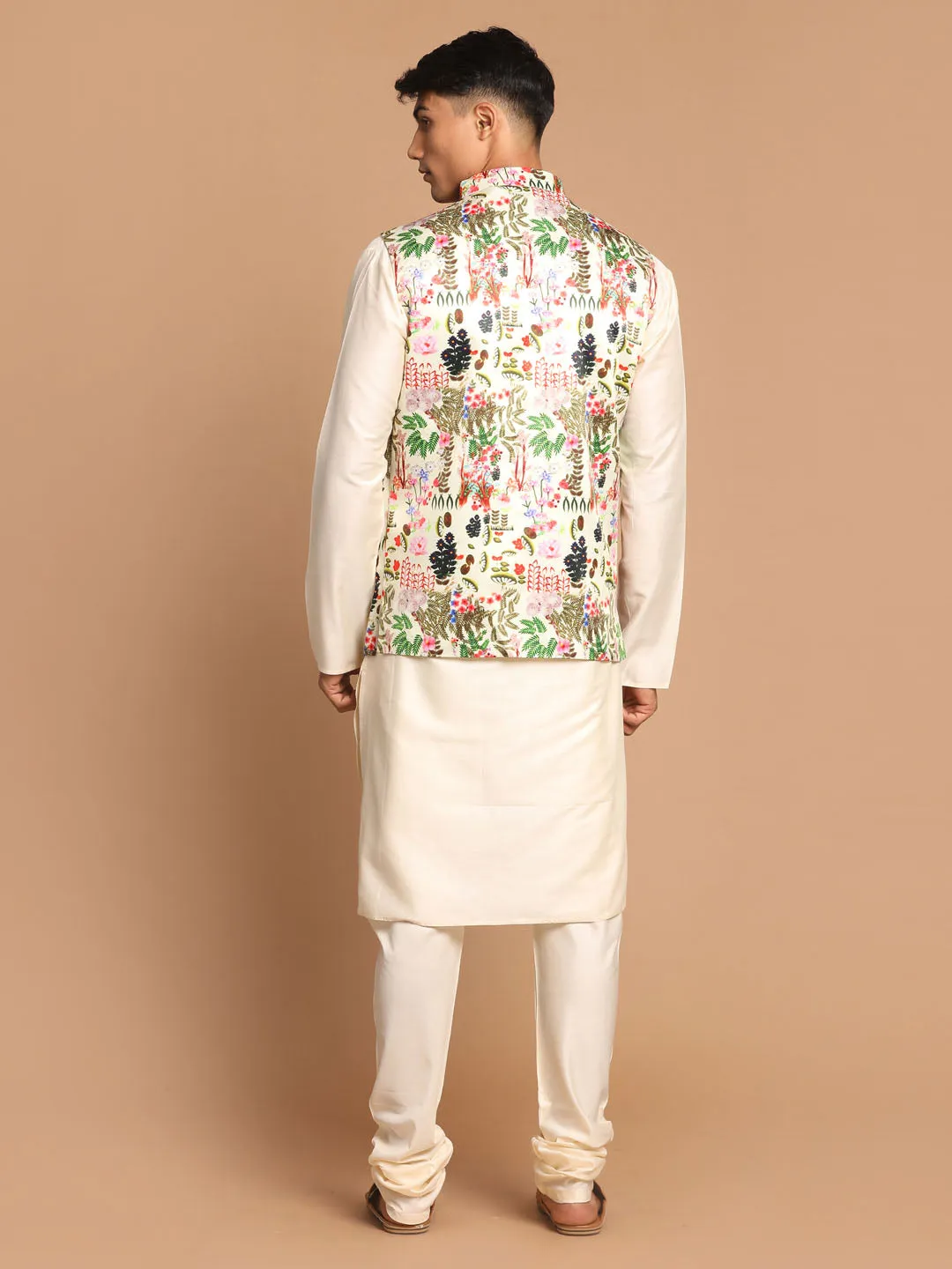 Jashvi Men's Green Digital Printed Royal Ethnic Jacket With Cream Kurta Pyjama