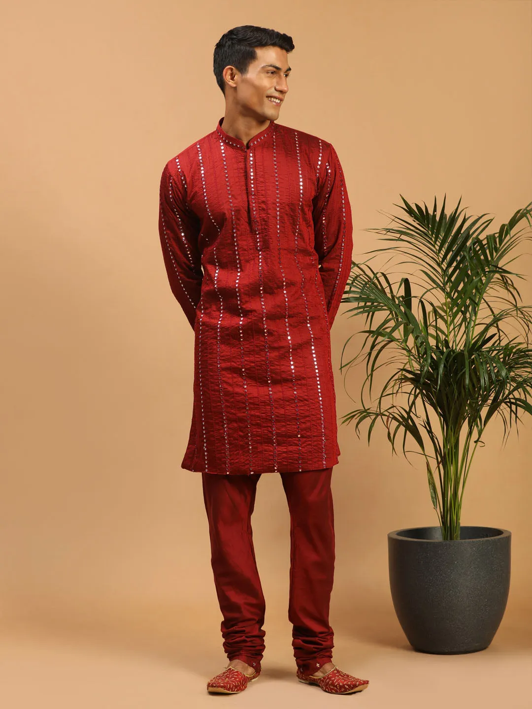 Jashvi Men's Maroon Mirror Kurta  Pyjama Set