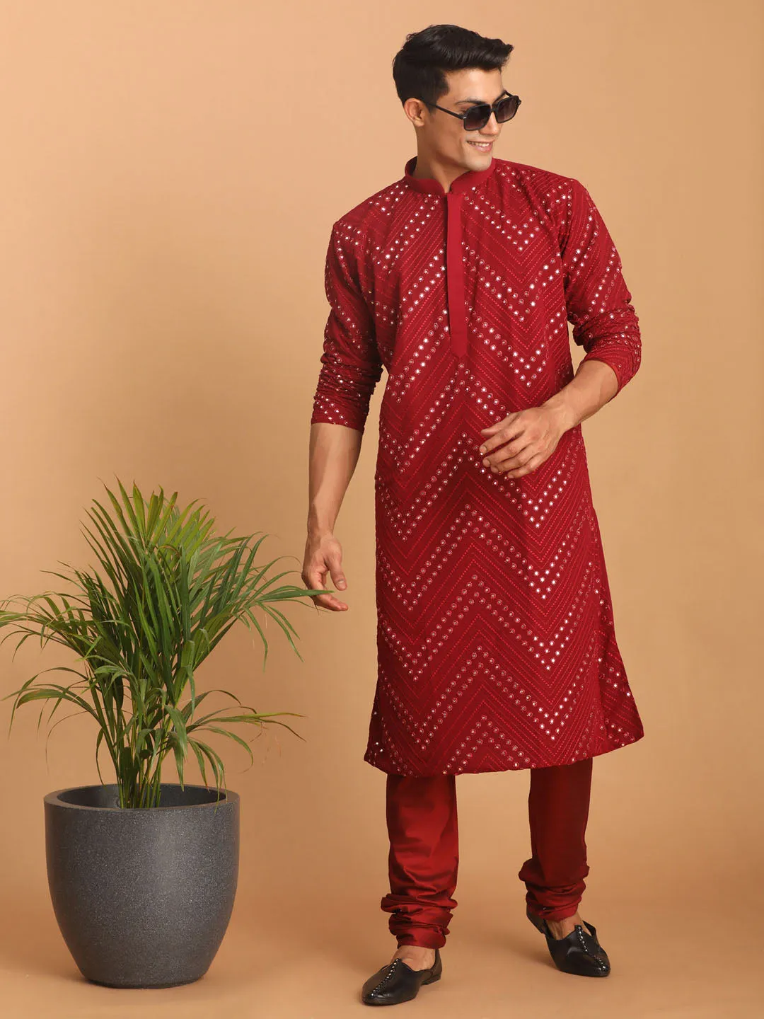 Jashvi Men's Maroon Mirror Kurta Pyjama Set