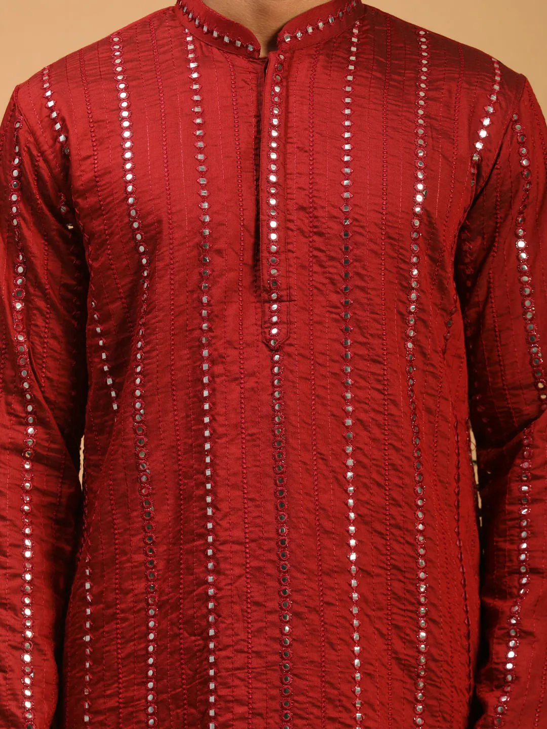 Jashvi Men's Maroon Mirror Kurta  Pyjama Set
