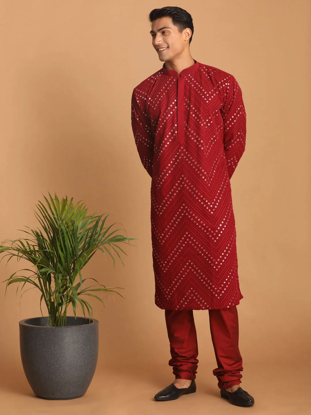 Jashvi Men's Maroon Mirror Kurta Pyjama Set