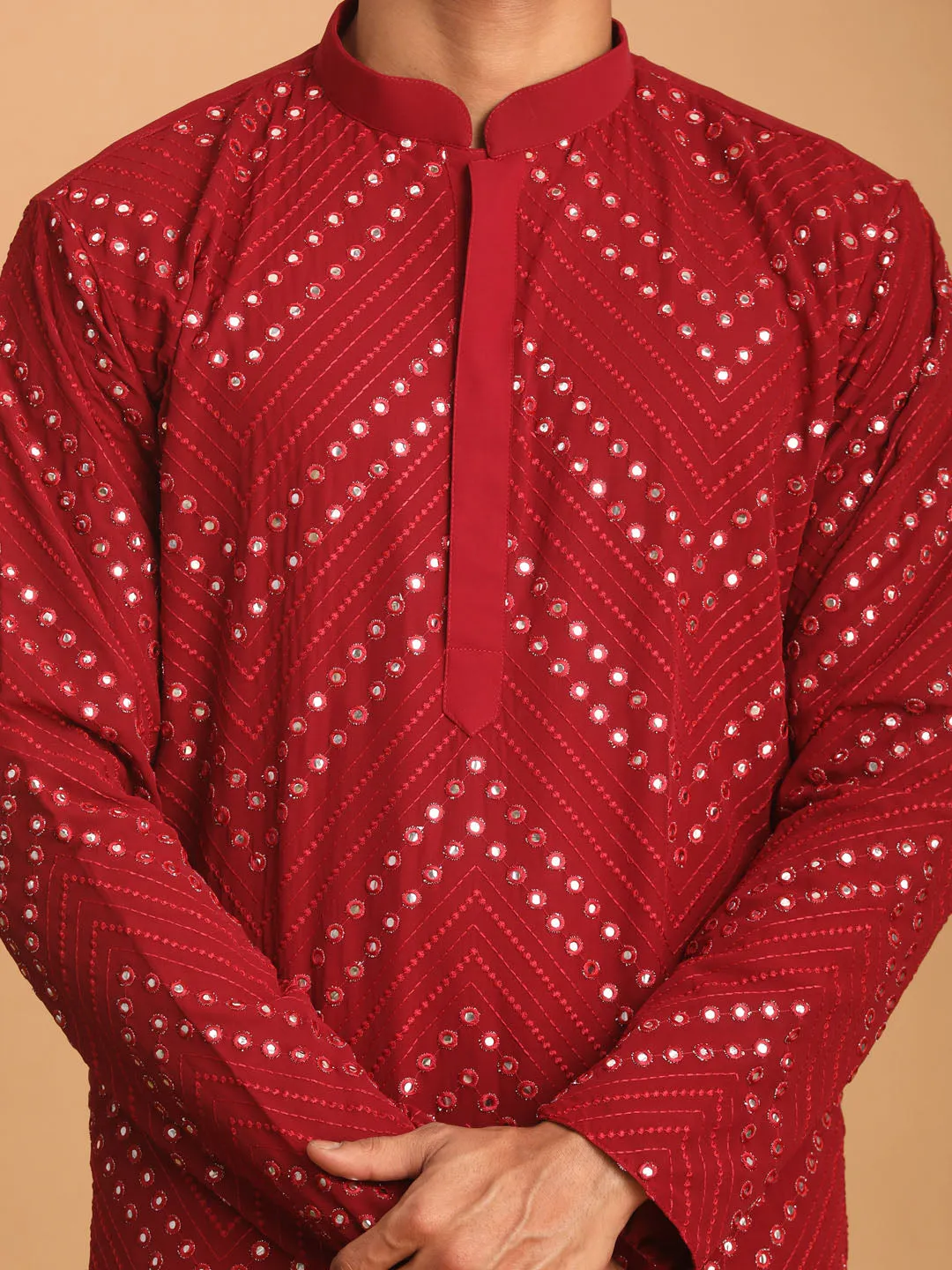 Jashvi Men's Maroon Mirror Kurta Pyjama Set