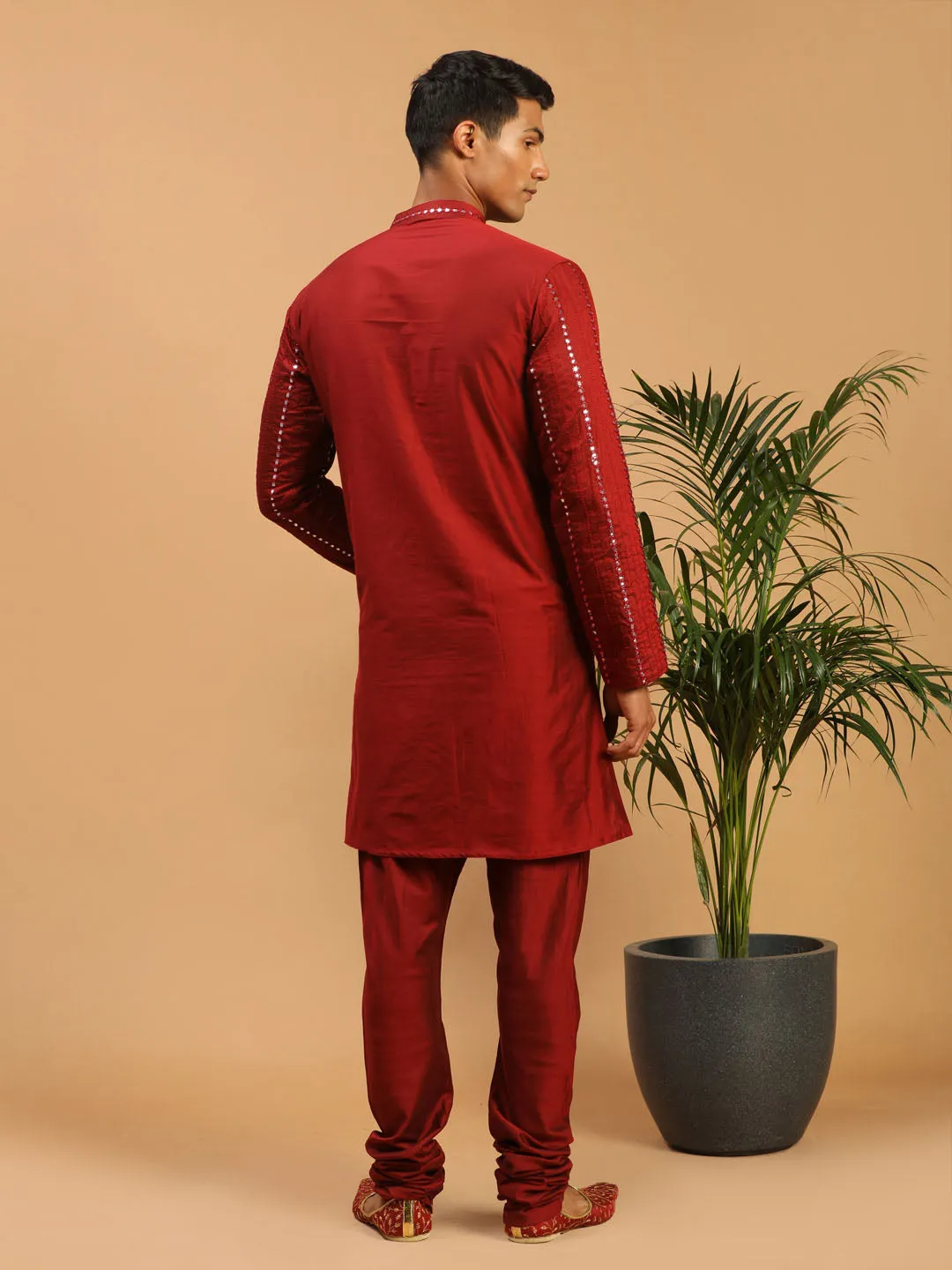 Jashvi Men's Maroon Mirror Kurta  Pyjama Set