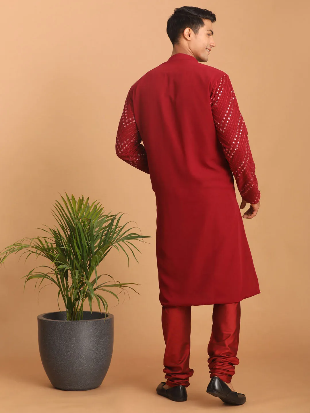 Jashvi Men's Maroon Mirror Kurta Pyjama Set