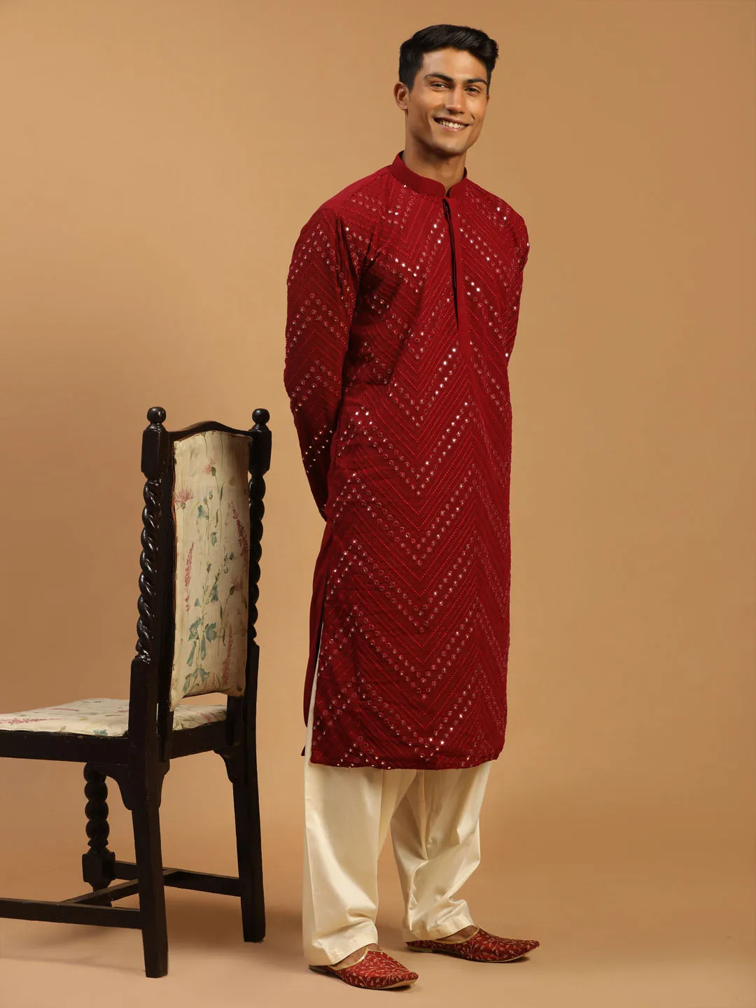 Jashvi Men's Maroon Mirror Kurta With Patiala Set