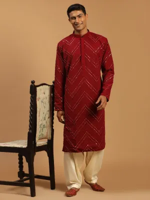 Jashvi Men's Maroon Mirror Kurta With Patiala Set