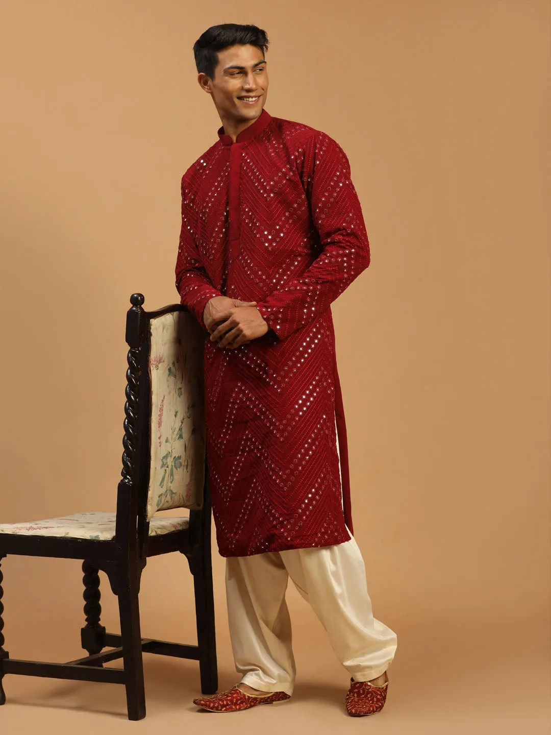 Jashvi Men's Maroon Mirror Kurta With Patiala Set