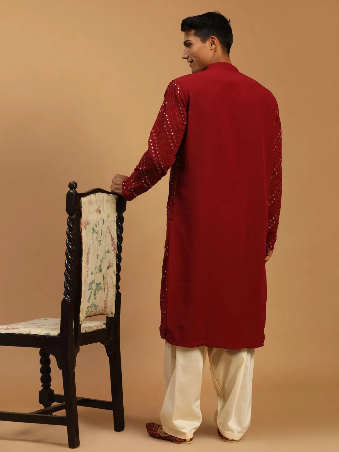Jashvi Men's Maroon Mirror Kurta With Patiala Set