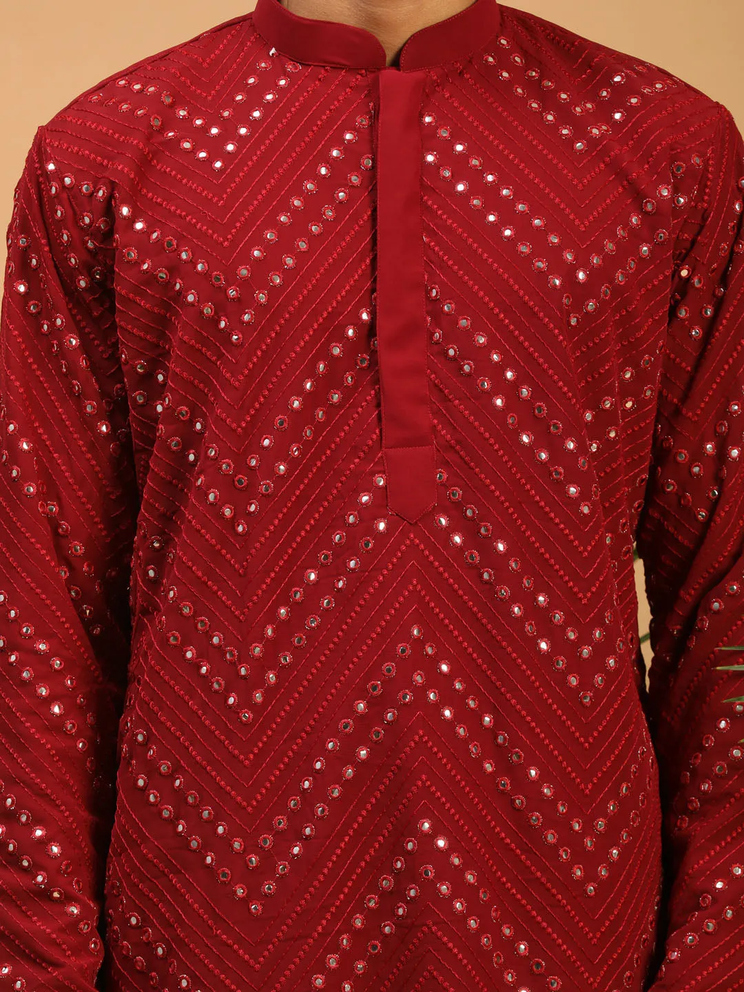 Jashvi Men's Maroon Mirror Kurta With Patiala Set