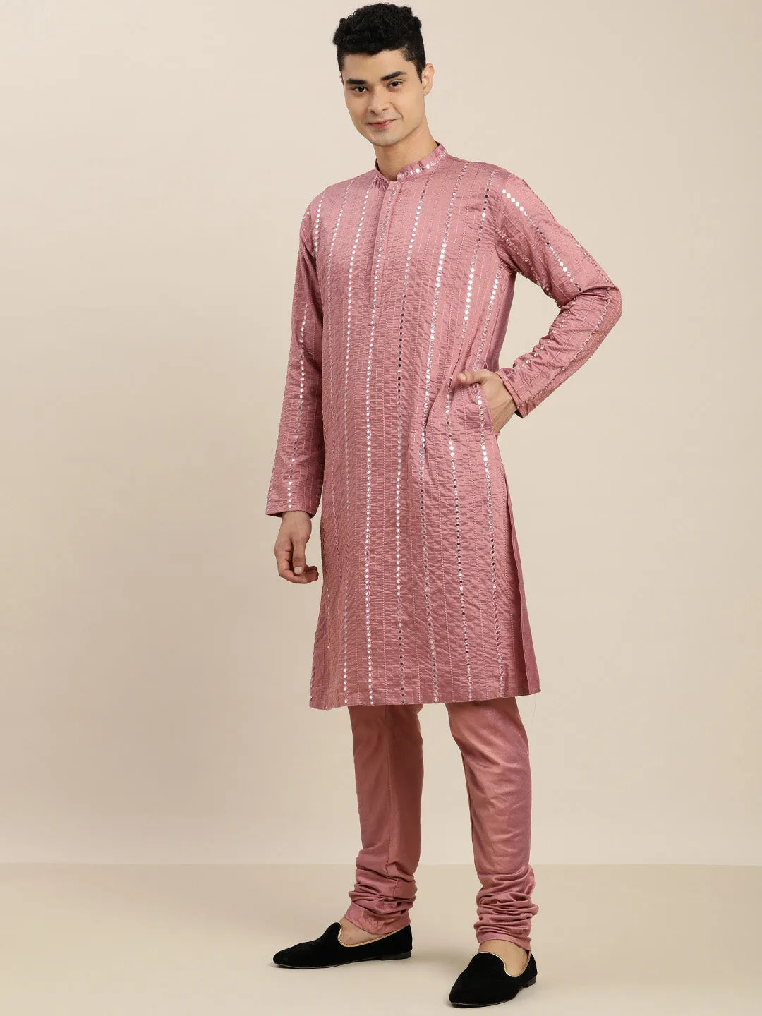 Jashvi Men's Onion Pink Mirror Kurta Pyjama Set