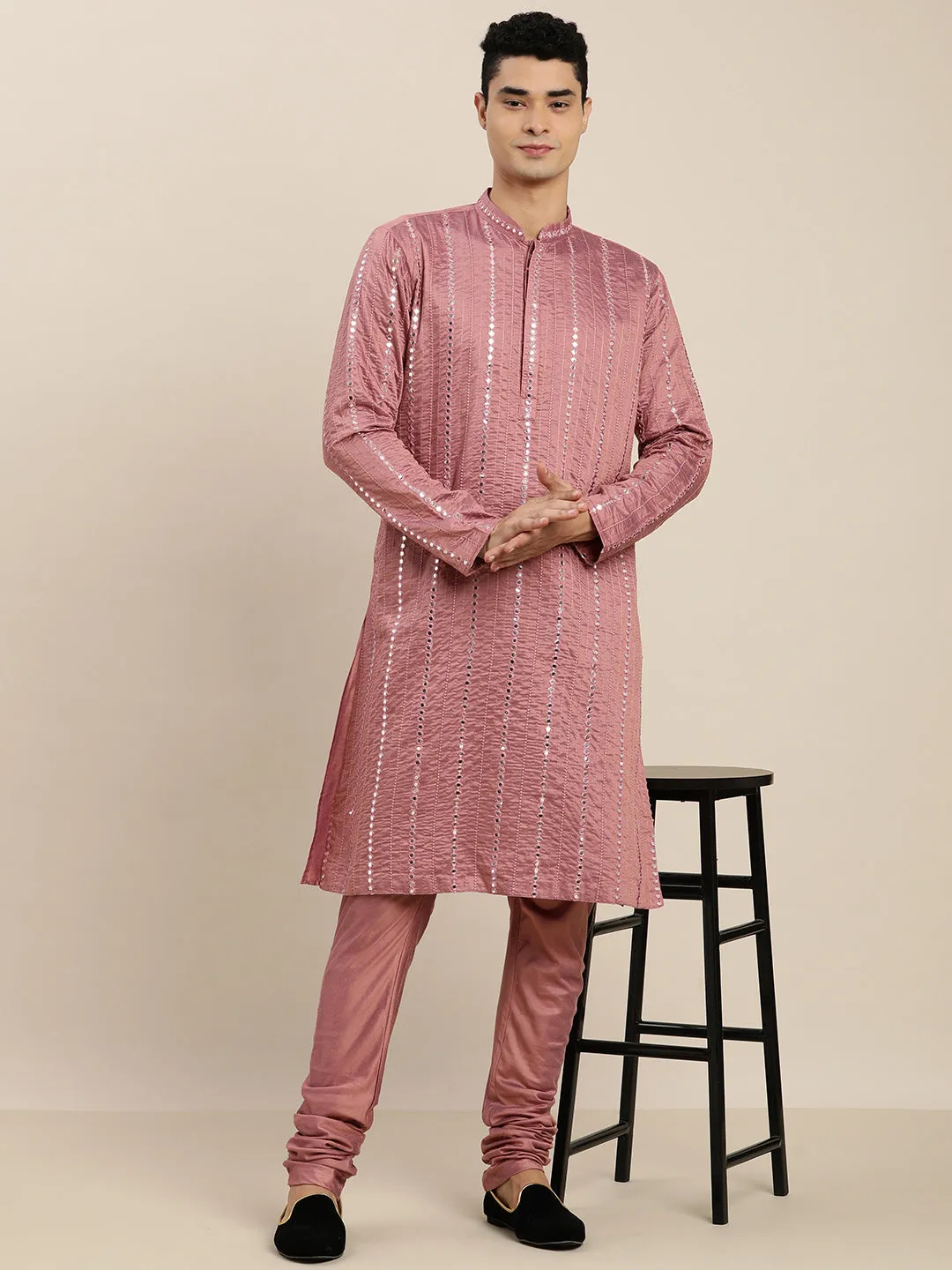 Jashvi Men's Onion Pink Mirror Kurta Pyjama Set