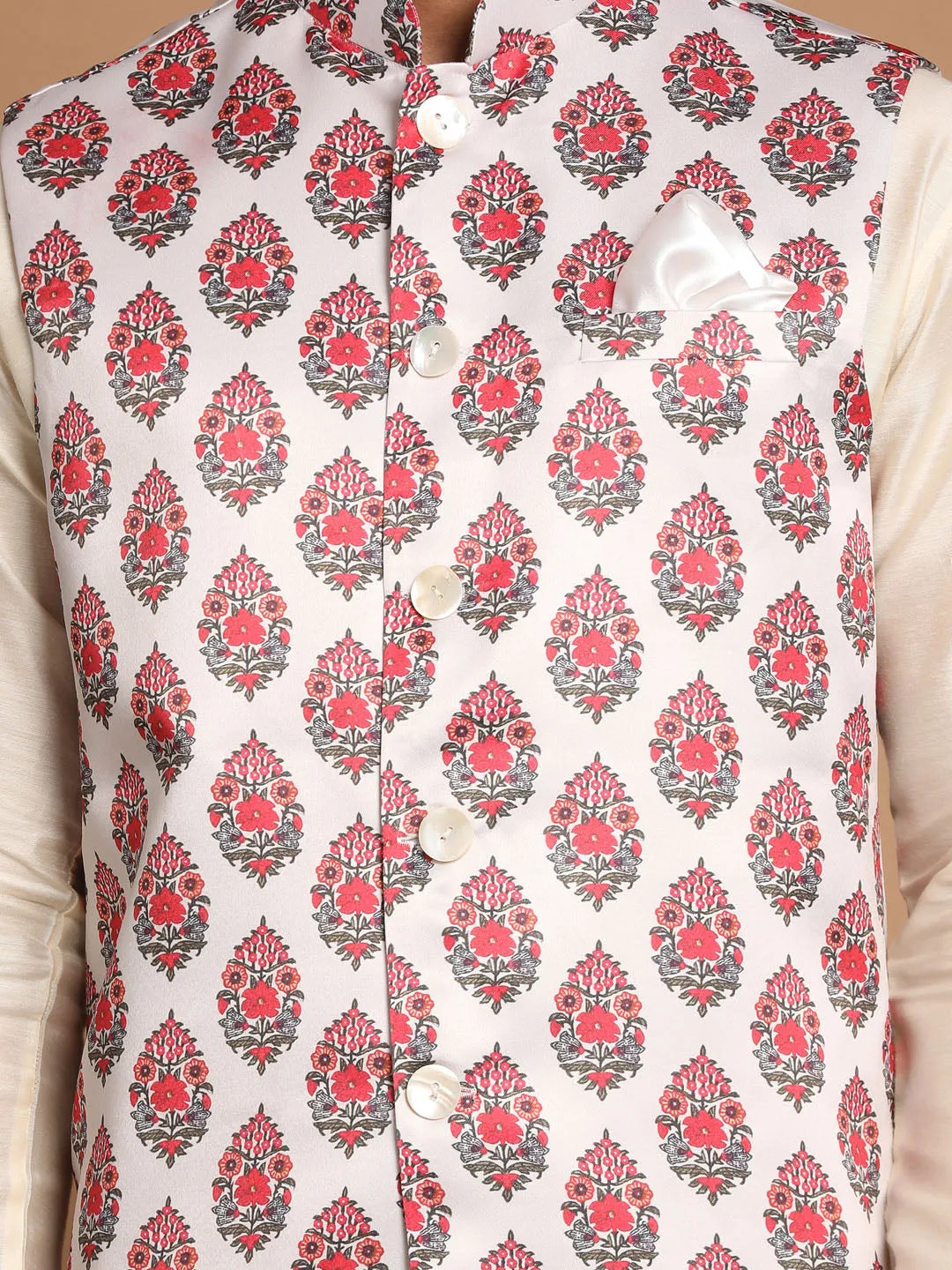 Jashvi Men's White & Red Floral Printed Slim-Fit Satin Nehru Jacket With White Kurta Pyjama