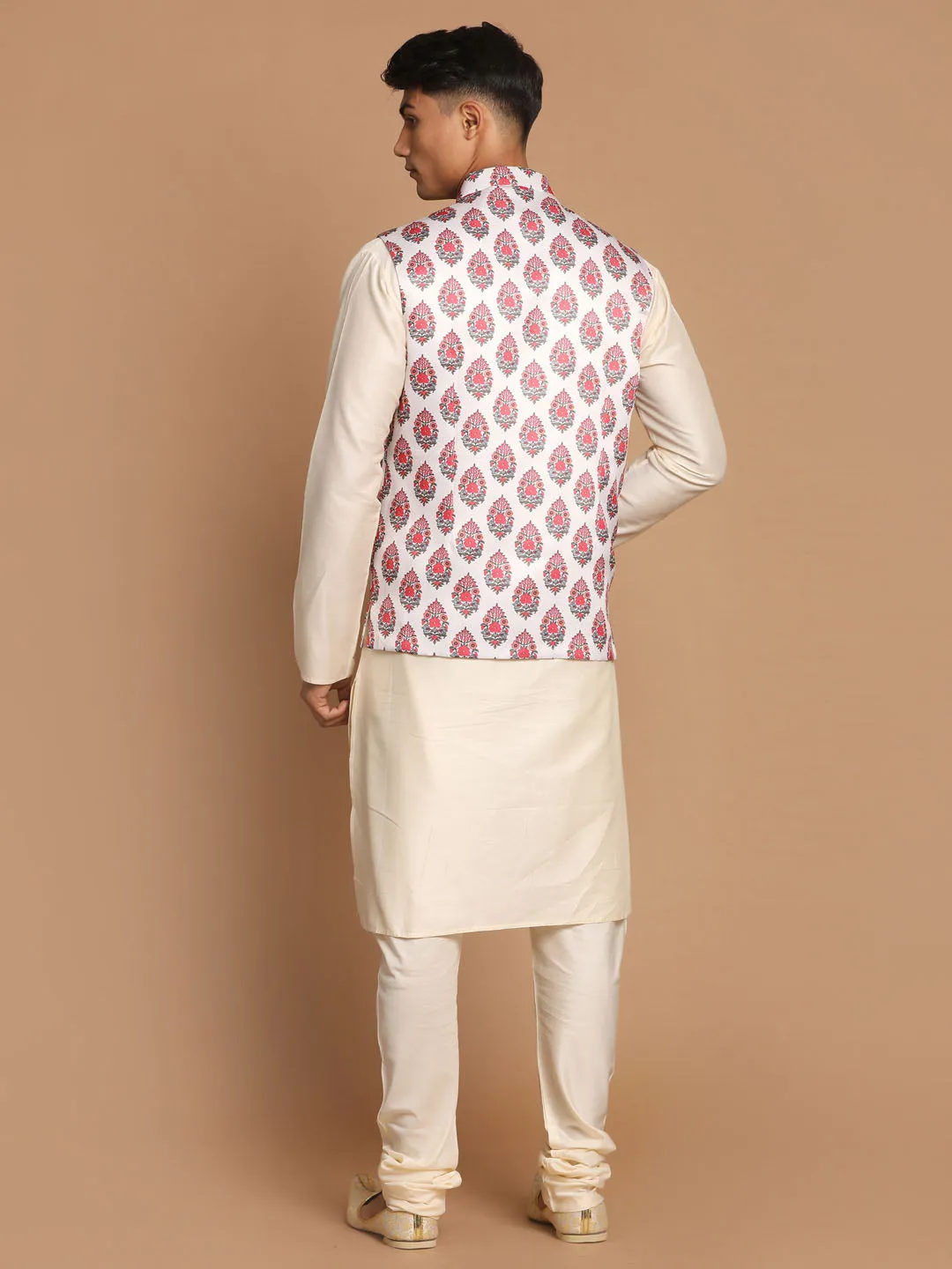 Jashvi Men's White & Red Floral Printed Slim-Fit Satin Nehru Jacket With White Kurta Pyjama