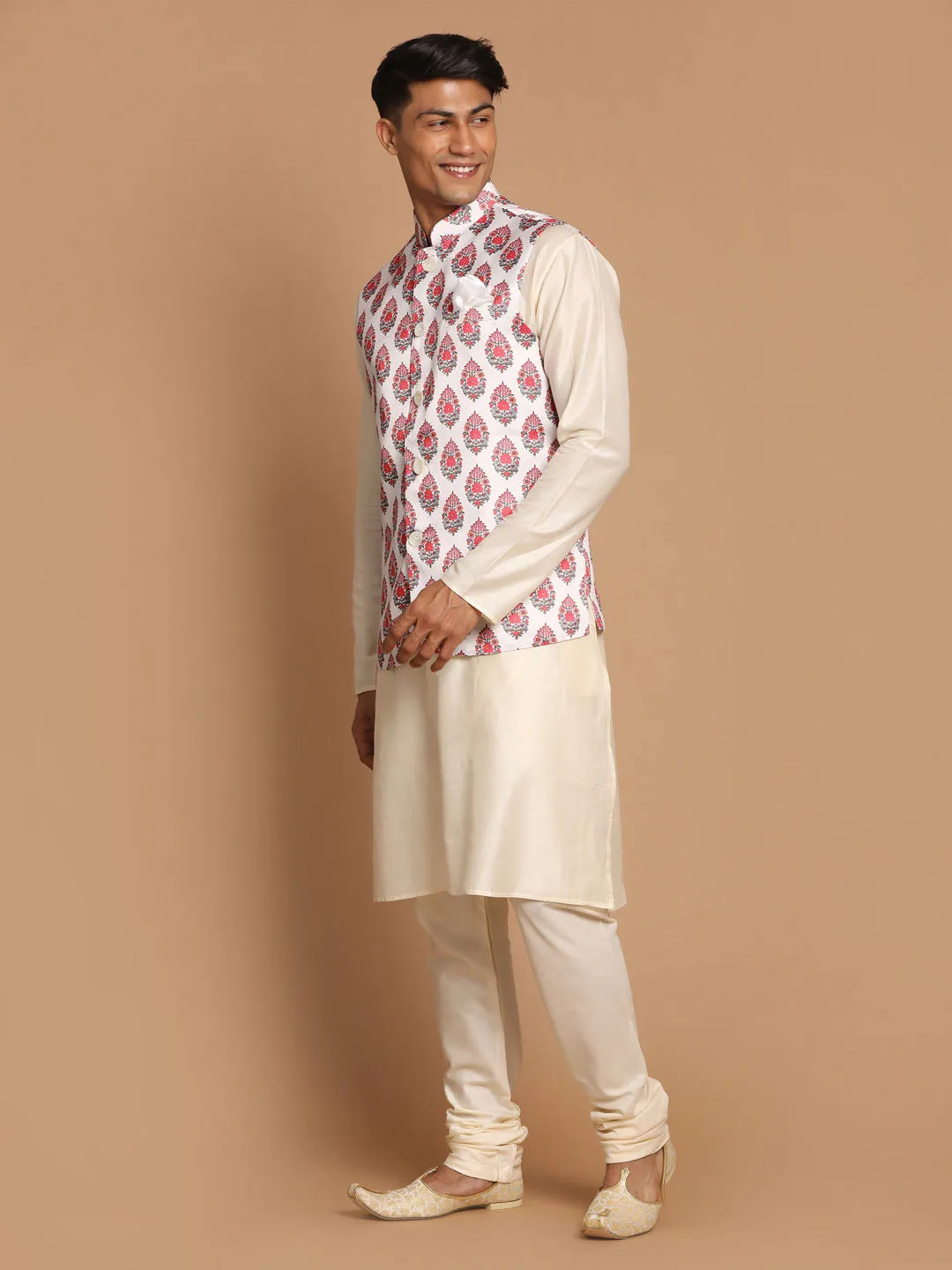 Jashvi Men's White & Red Floral Printed Slim-Fit Satin Nehru Jacket With White Kurta Pyjama
