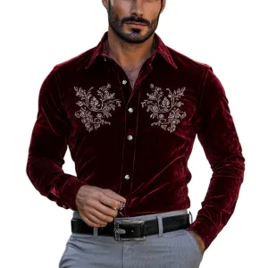 Men's Fashion Embroidery Lapel Long Sleeve Velvet Shirt 54048477Z