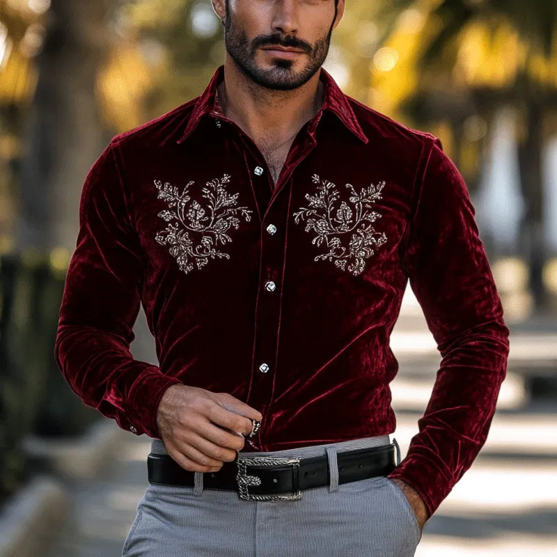 Men's Fashion Embroidery Lapel Long Sleeve Velvet Shirt 54048477Z