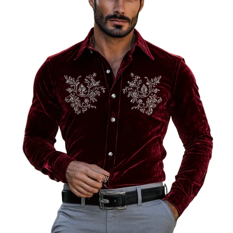 Men's Fashion Embroidery Lapel Long Sleeve Velvet Shirt 54048477Z