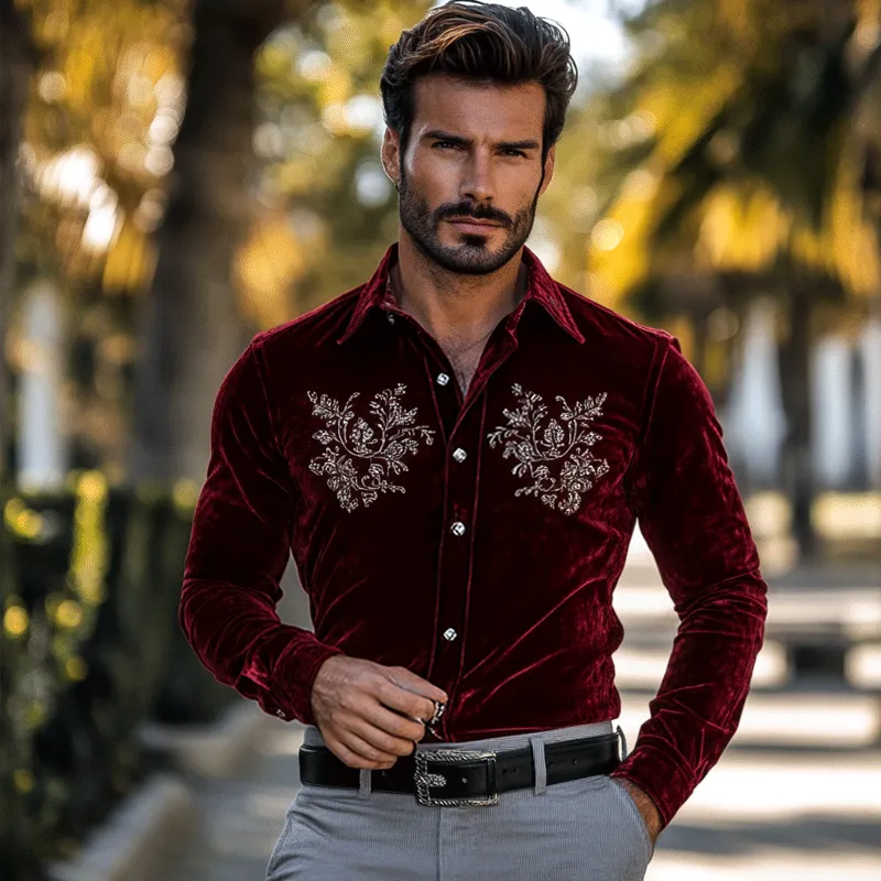 Men's Fashion Embroidery Lapel Long Sleeve Velvet Shirt 54048477Z