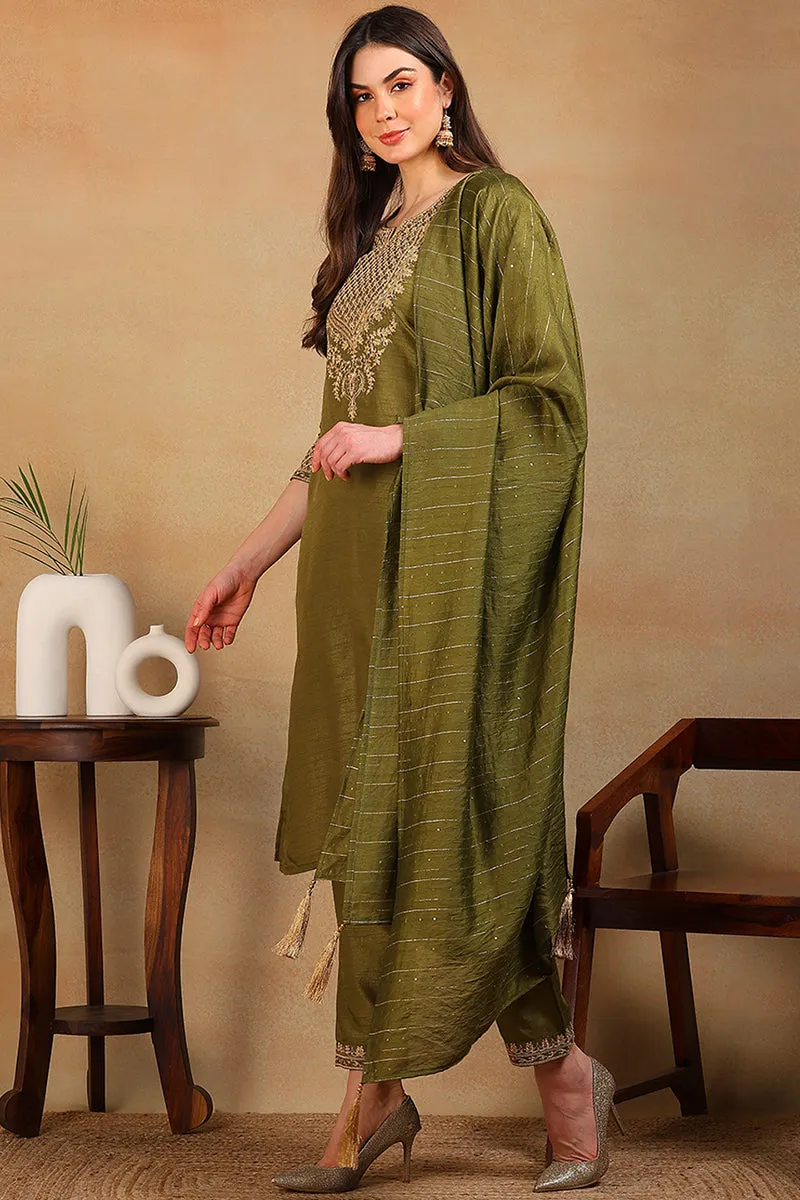 Olive Silk Blend Solid Embroidered 3-Piece Kurta Set