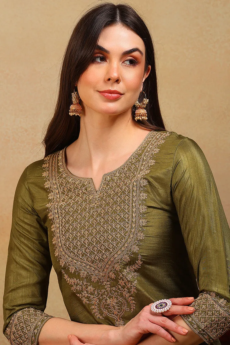 Olive Silk Blend Solid Embroidered 3-Piece Kurta Set