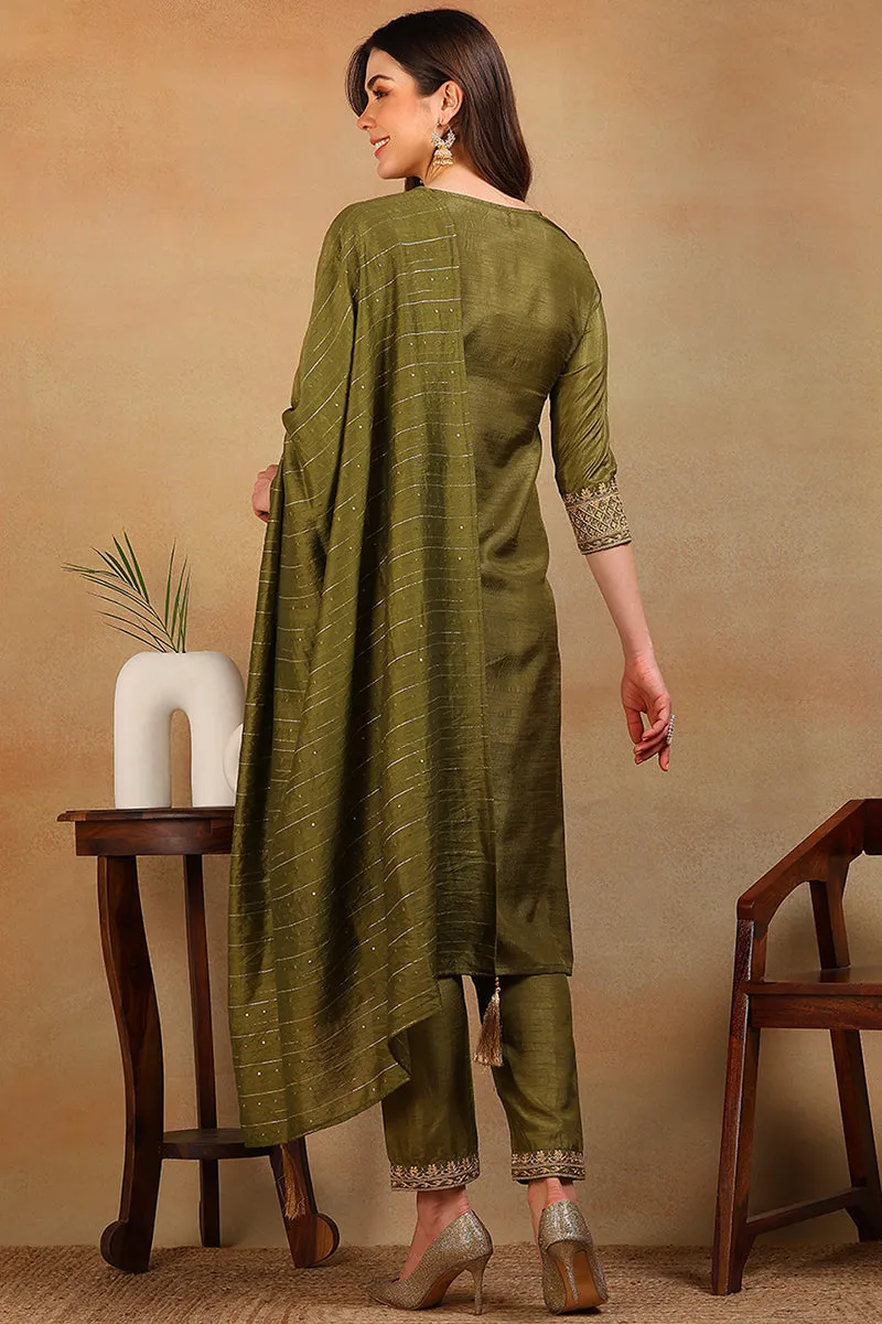 Olive Silk Blend Solid Embroidered 3-Piece Kurta Set
