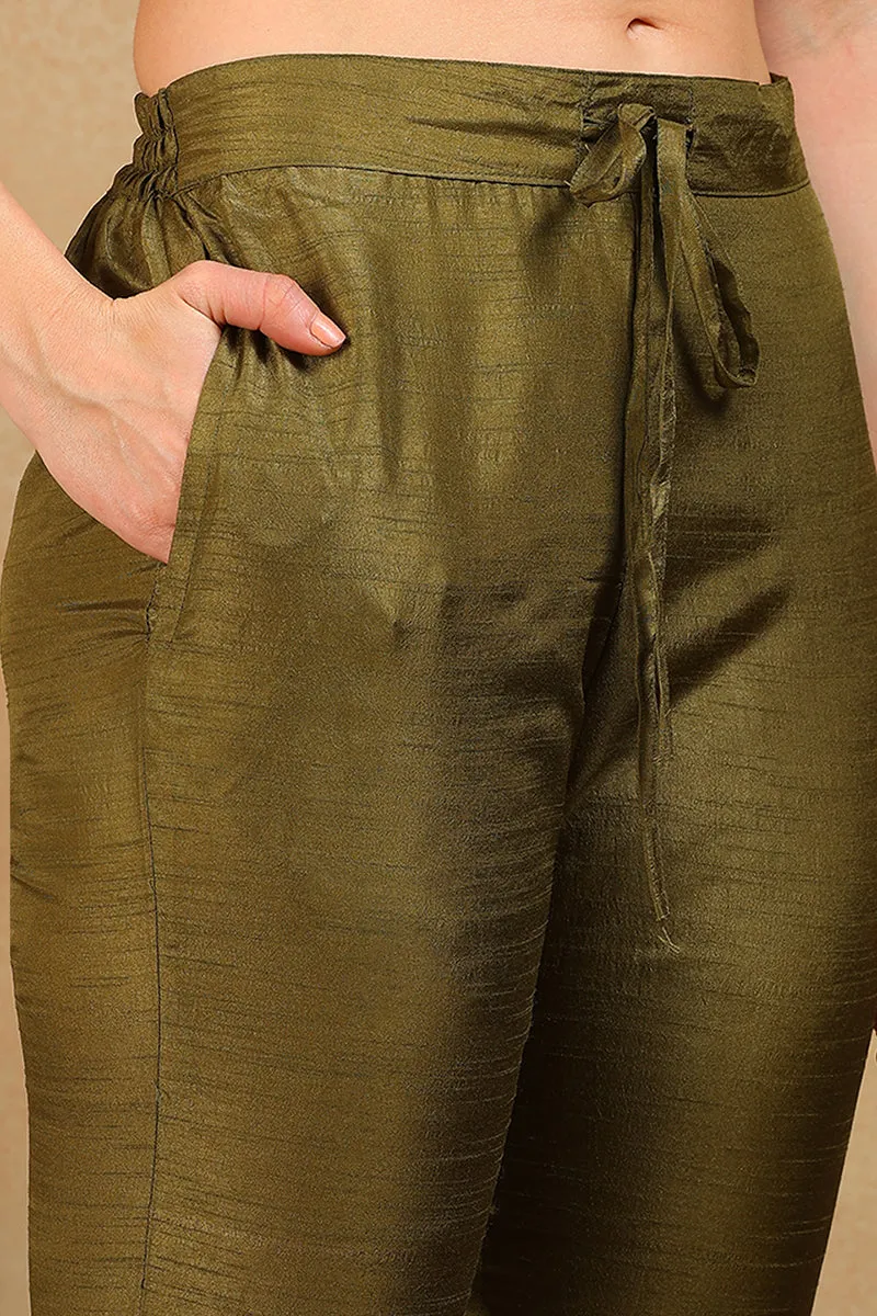 Olive Silk Blend Solid Embroidered 3-Piece Kurta Set