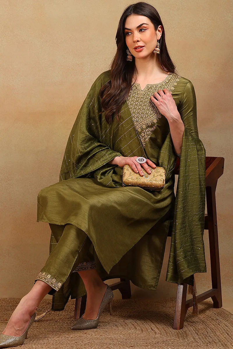 Olive Silk Blend Solid Embroidered 3-Piece Kurta Set
