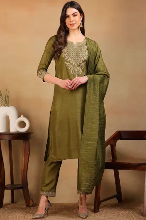 Olive Silk Blend Solid Embroidered 3-Piece Kurta Set