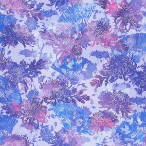 Oriental Gardens - Fans & Mums Purple Digitally Printed Yardage