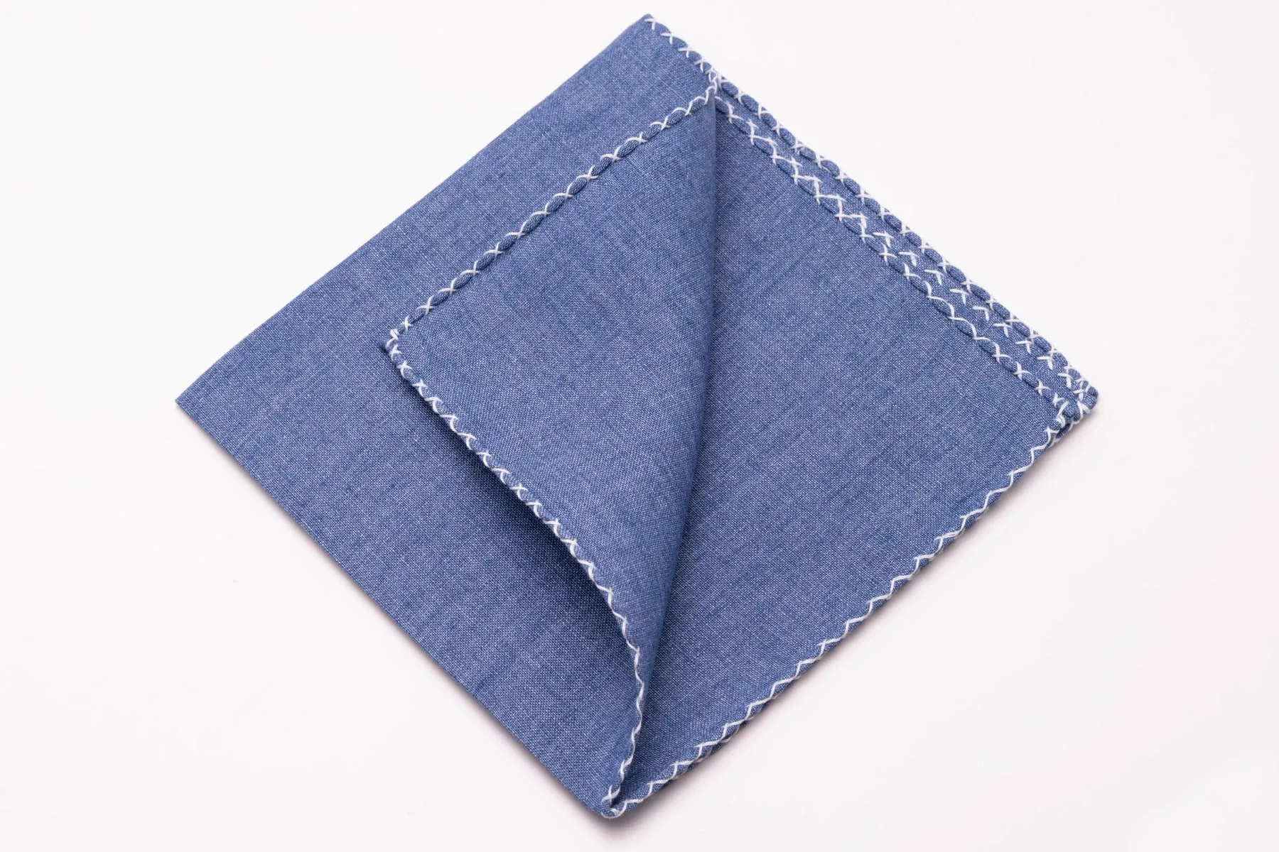 Pale Blue X-Stitch Edge Two-Tone Linen Pocket Square