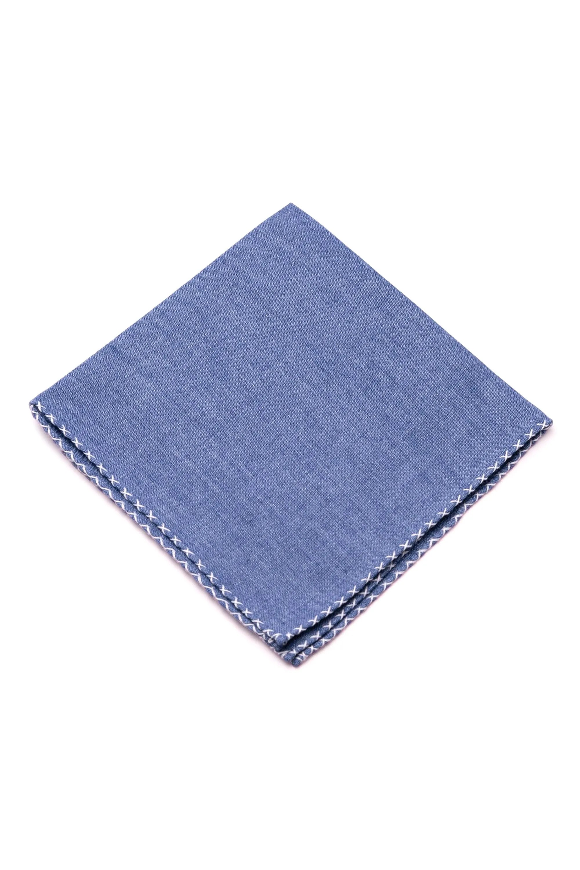 Pale Blue X-Stitch Edge Two-Tone Linen Pocket Square